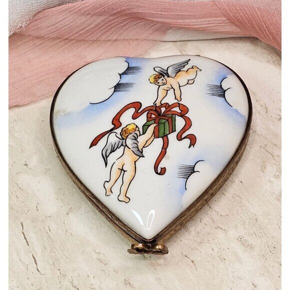 Heart-Shaped Limoges Trinket Box With Cherub Design & Ribbon Accents Fro… - Picture 1 of 8